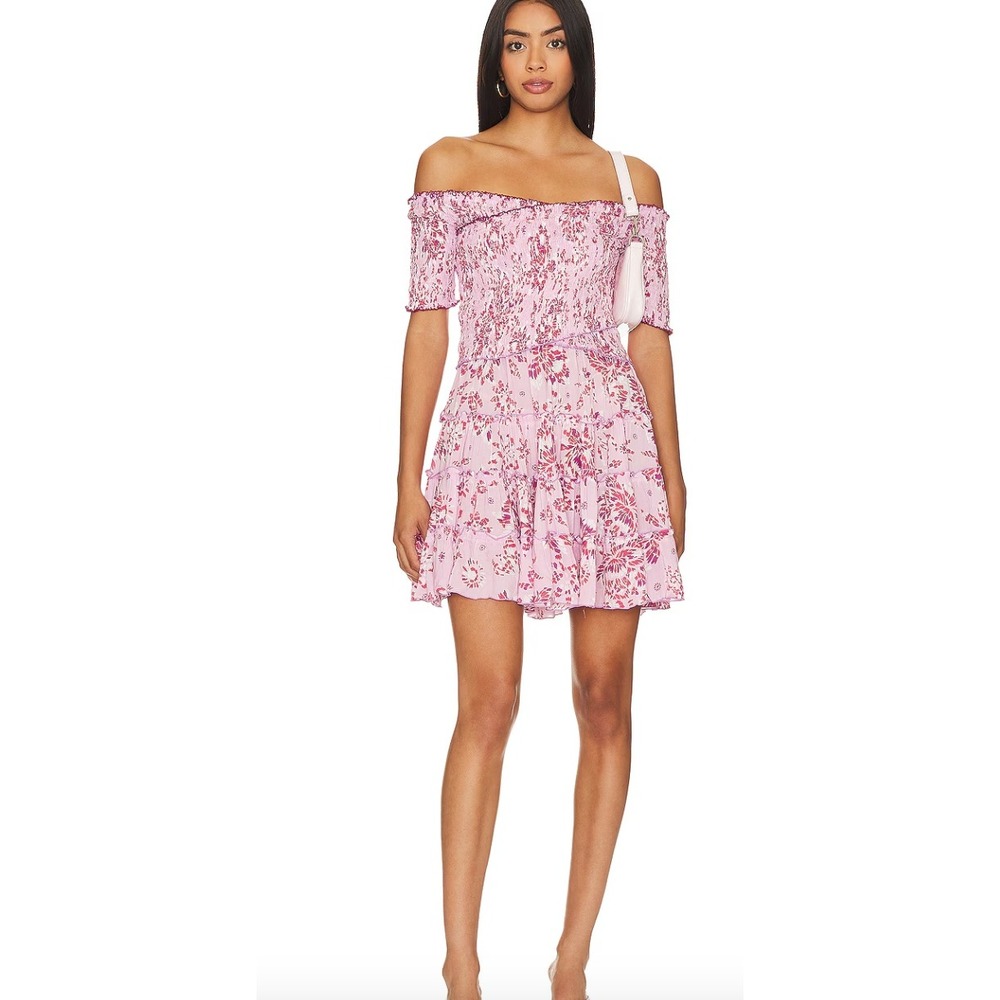 Poupette St Barth Soledad Dress Medium‎ Pink Floral Smocked Ruffle Mini Resort